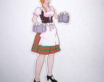 Vintage Large Female German Octoberfest or Oktoberfest Bar Maid with Beer Mugs Die Cut Cardboard Decoration by Beistle