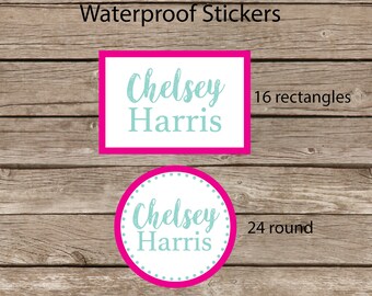 Waterproof name labels for camp and school, 16 round and 24 rectangle, script print with dots