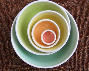 Rainbow Pottery Nesting Bowls, Large Ceramic Stoneware Serving Set, Wedding Gift, Wheel Thrown