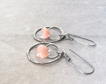 metalwork earrings, fine silver and lampwork earrings, oxidized silver dangle earrings, pink earrings