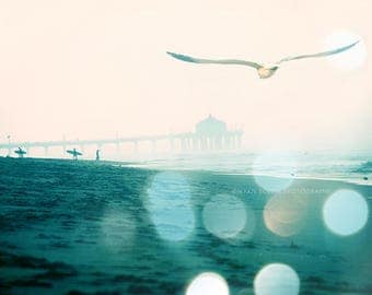 California photography, Manhattan Beach surfers photograph, dreamy seaside seagull, blue teal aqua large beach wall decor