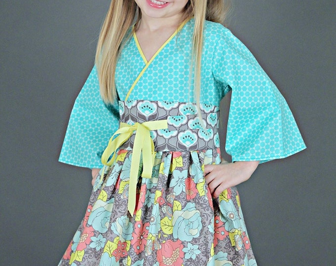 Teen Preteen Girls Dresses - Tween Clothes - Kimono Style with Obi Sash - Tiffany Blue - Long and Short Sleeves - sizes 8 to 14 years