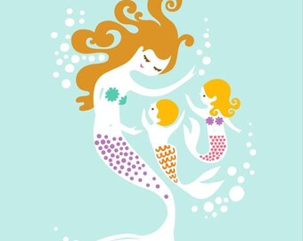 SUMMER SALE 8X10" mermaid mother with boy and girl giclee print on fine art paper. turquoise blue, purple, pink, blonde.