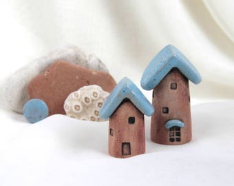 2 Rustic terracotta and Turquoise fairy house Fairy Garden - Hand Made Ceramic Eco-Friendly Home Decor by studio Vishnya