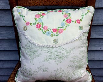 Vintage Doily Pillow with Green Plaid Polished Cotton back, Vintage Buttons, So PaRiS rOMaNtiC!