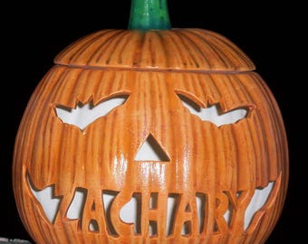 Personalized Halloween JACK O LANTERN Pumpkin with Bat Eyes