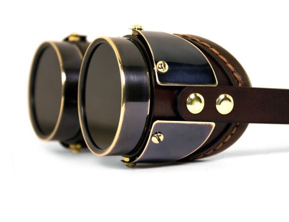 STEAMPUNK GOGGLES dark brown leather blackened brass QUAD by MannAndCo steampunk buy now online
