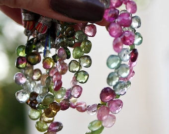 Pink Green Blue Gem Watermelon Tourmaline Faceted Small Heart Briolette Drop Beads 40-41 drops 4" strand