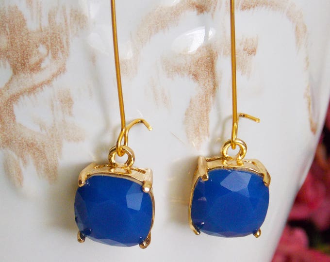 Gold Royal Blue Earrings, Wedding Jewelry, Bridesmaid Gift, Royal Blue Glass Earrings, Gold Jewelry, Anniversary Gift for Her