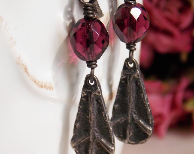 Rugged Peace Sign Earrings Pewter Annealed Steel Charm Earrings Purple Czech Glass Artisan Pewter Dangle Drop Goth Dark Earrings