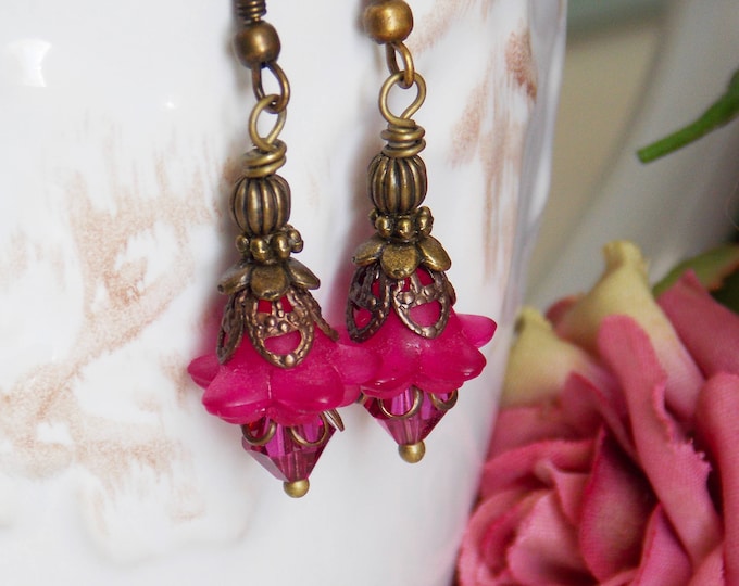 Flowers Earrings Raspberry Pink Swarovski Crystals Brass Earrings Minimalist Dainty Dangle Petite Jewelry Fuchsia Pink Drop Earrings GIft