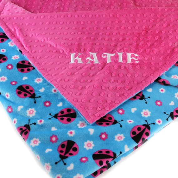 Toddler Blanket / Minky Blanket Girl, Blue Pink Ladybug Personalized Blanket Ladybug Blanket Kids Minky blanket Name Blanket Minky Throw