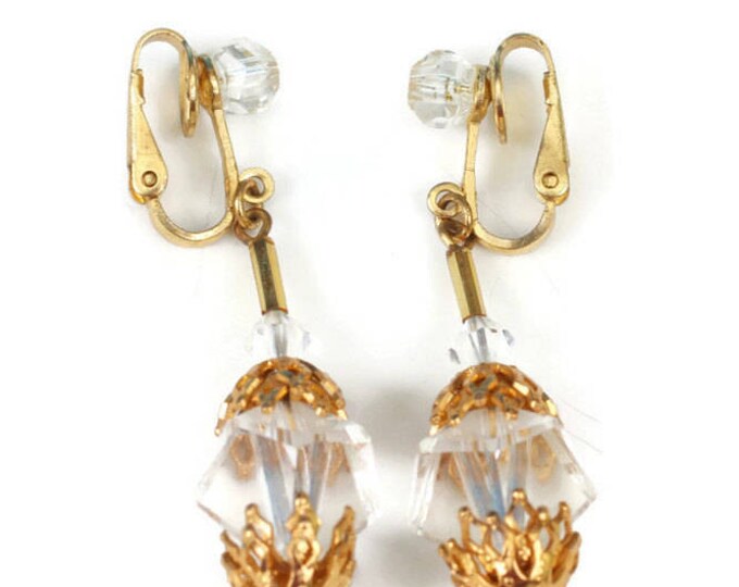 Crystal Bead Earrings Filigree End Caps Dangle Drop Clip On Style Vintage