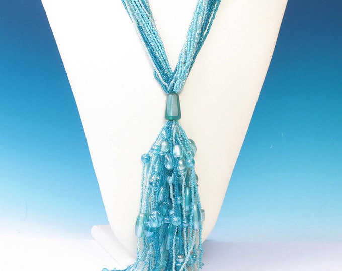 Aqua Turquoise Glass Beaded Necklace Multi Strand Runway Tassel Necklace Vintage