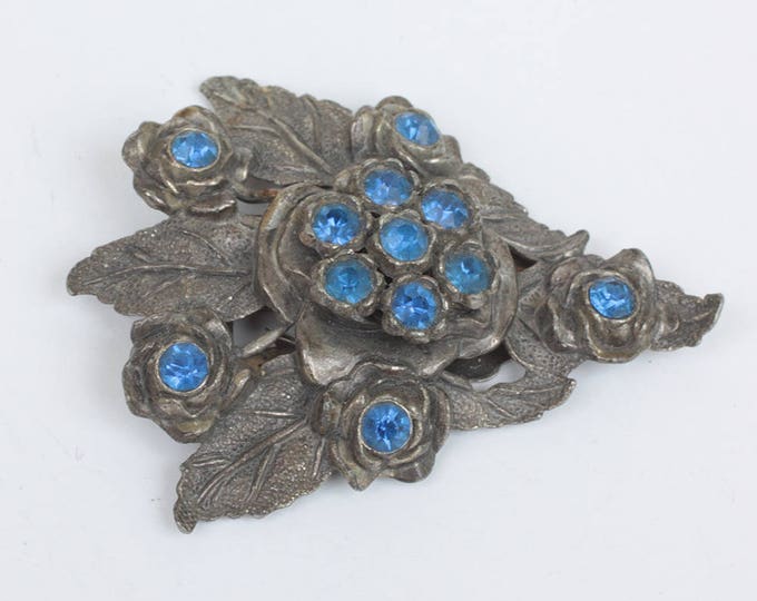 Vintage Little Nemo Dress Clip Sapphire Blue Stones Floral Design Dress Clip Dark Gray Metal