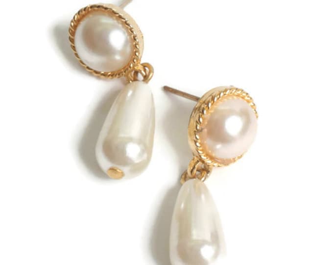 Faux Pearl Drop Dangle Earrings Posts Gold Tone Bridal Wedding Vintage
