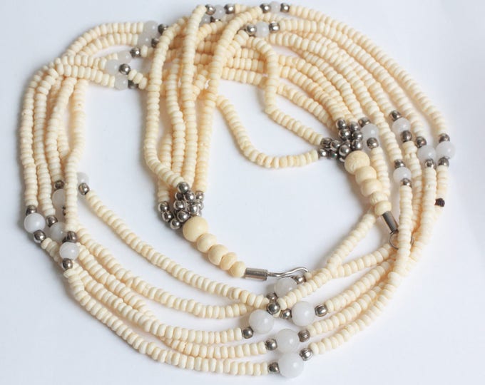 Five Strand Carved Ox Bone Bead Necklace Quartz Beads Tribal Bohemian Vintage