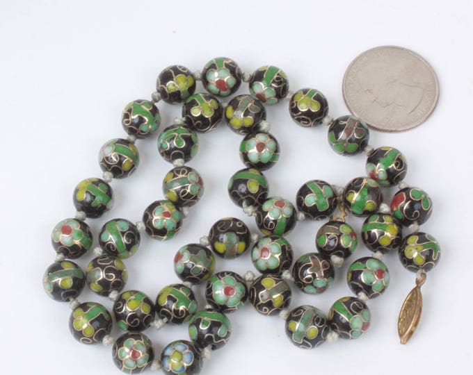 Green and Black Cloisonne Bead Necklace Porcelain Beads Vintage