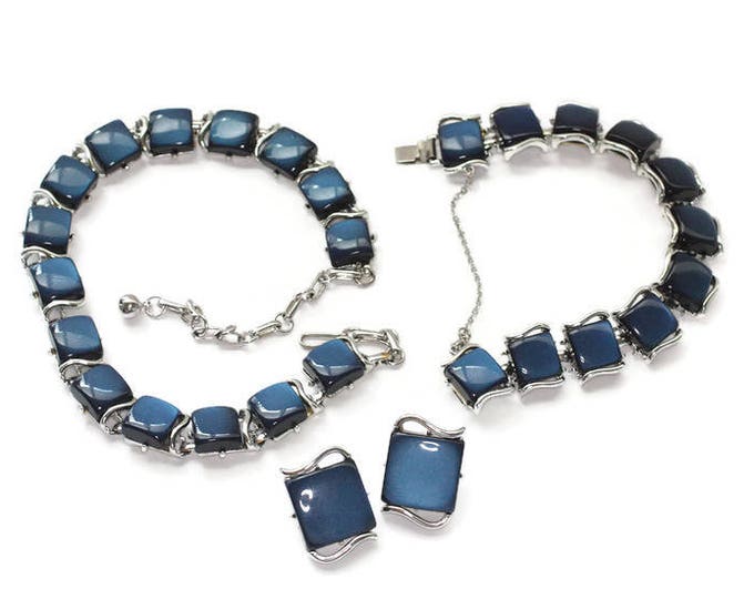 Coro Thermoset Midnight Blue Necklace Bracelet Earrings Set Parure Silver Tone Metal Mid Century Modern