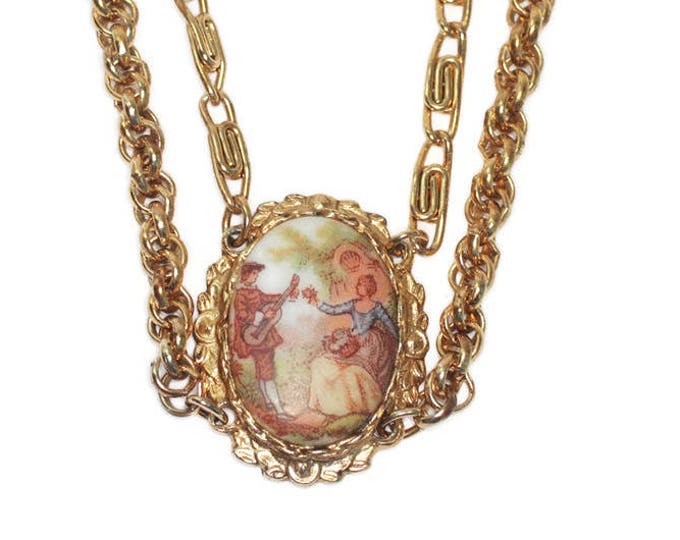 Victorian Revival Cameo Necklace Fragonard Courting Scene Two Chains Vintage