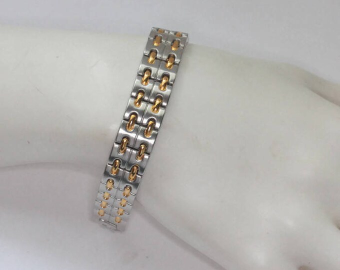 Silver Tone Bracelet Gold Tone Accents Industrial Chic Machine Age Larger Wrist