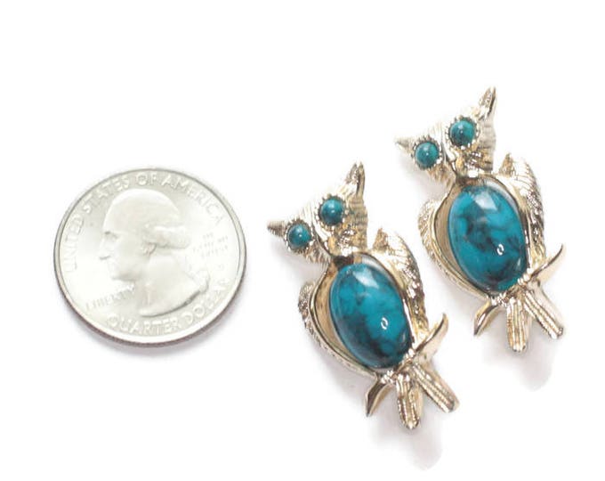 Two Owl Scatter Pins Faux Turquoise Tummy Eyes Gold Tone Vintage Set