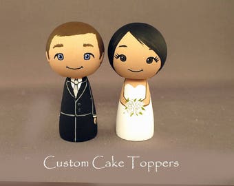 Custom Wedding Cake Toppers Personalized Wood Kokeshi Doll Bride and Groom Funny Cute