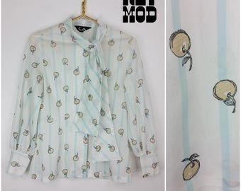 Unique Vintage 70s White, Pastel Blue & Brown Cherries and Stripes Tie Shirt by Jack Winter