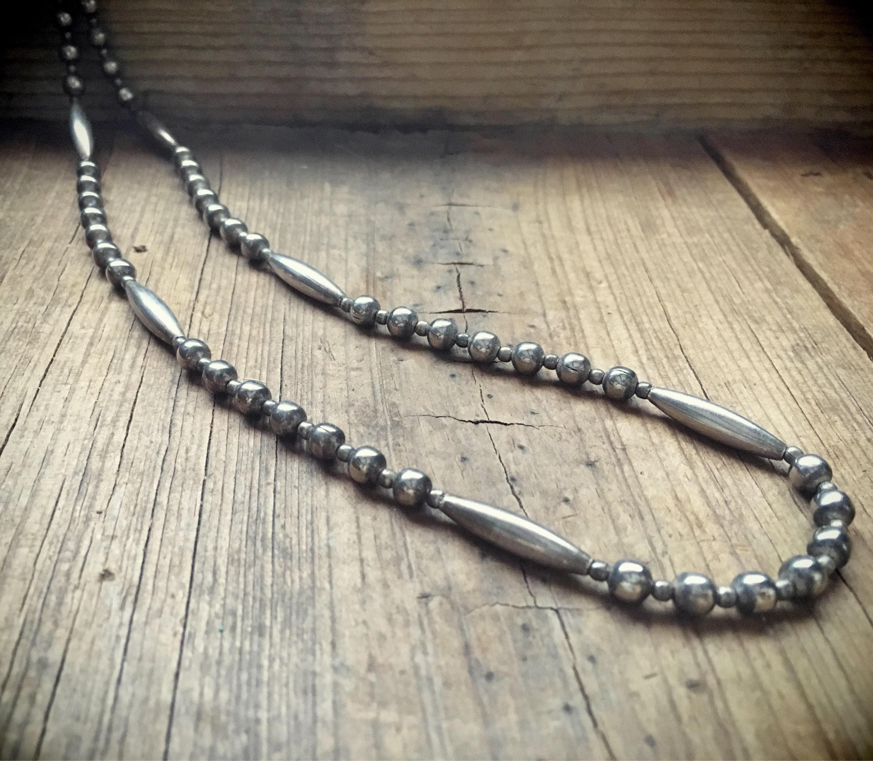 Vintage German silver bead necklace 30 long melon beads Southwestern