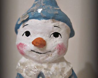 Blue Snowman paper mache folk art OOAK art doll papier mache spool doll