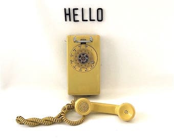 Vintage Yellow Wall Phone, Rotary, Western Electric, gold