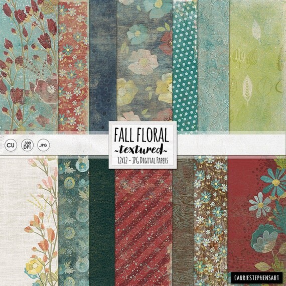 Rustic Floral Digital Papers, Country Cottage Flower Pattern Paper, Textured Backgrounds, Instant Download, Digital Scrapbook Il_570xn