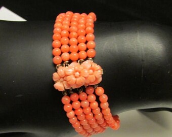 For Sale Vintage Estate 14K Carved Coral Clasp 5 Strand Pink Coral Bracelet