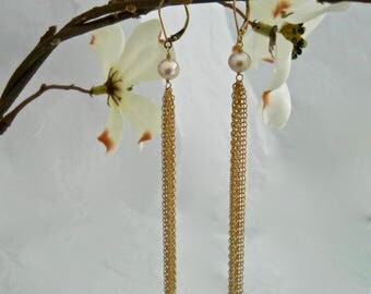Long Tassel Earrings 14 KT Gold Tassel, Freshwater Pearl Earrings Long Dangle Earrings, Long Drop Earrings, Shoulder Dusters, Chain Earrings