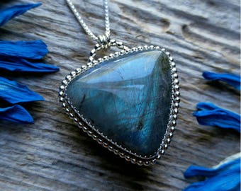 Labradorite Necklace Sterling Silver Stone Blue Triangular Gemstone 925 Jewelry