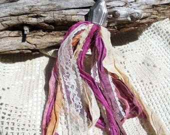Sari Silk Ribbon Tassel Necklace, Boho Necklace, Shabby Chic Necklace, Vintage Silver Plate Knife Necklace