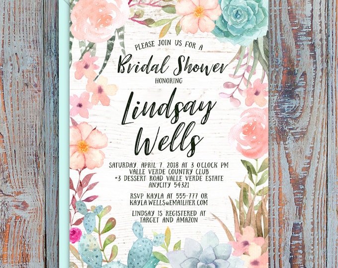 Succulents Cactus Boho Sweet Floral Pastel Bridal Shower Bachelorette Hens Night Party Printable Invitation