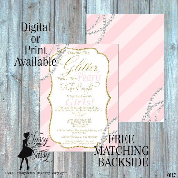 Twin Girls Baby Shower Invitation, Double the Glitter Double the Pearls Glitter Baby Shower 017