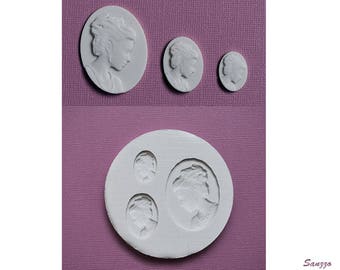 Moule silicone 3 bijoux camées profil jeune femme pour loisirs créatifs cameo