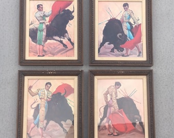 Set of 4 Mid Century Matador Prints by Tuser - Circa 1950s Framed Bullfighter Prints