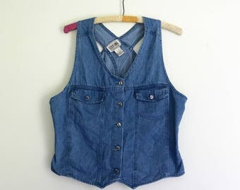 1990s denim racerback button up crop tank top - size L