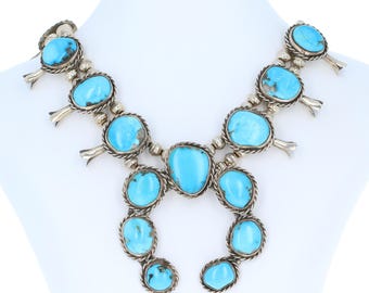 Native American Turquoise Squash Blossom Necklace 22" - Sterling Silver Women's U1602