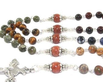3 Holy Hearts Catholic Rosary, Mixed Gemstone Beads, Unique Man's Rosary