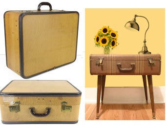 suitcase, Tweed Look, hard sided, bakelite style handle, brass latches and accents, bun feet, make a suitcase table, upcycle, repurpose