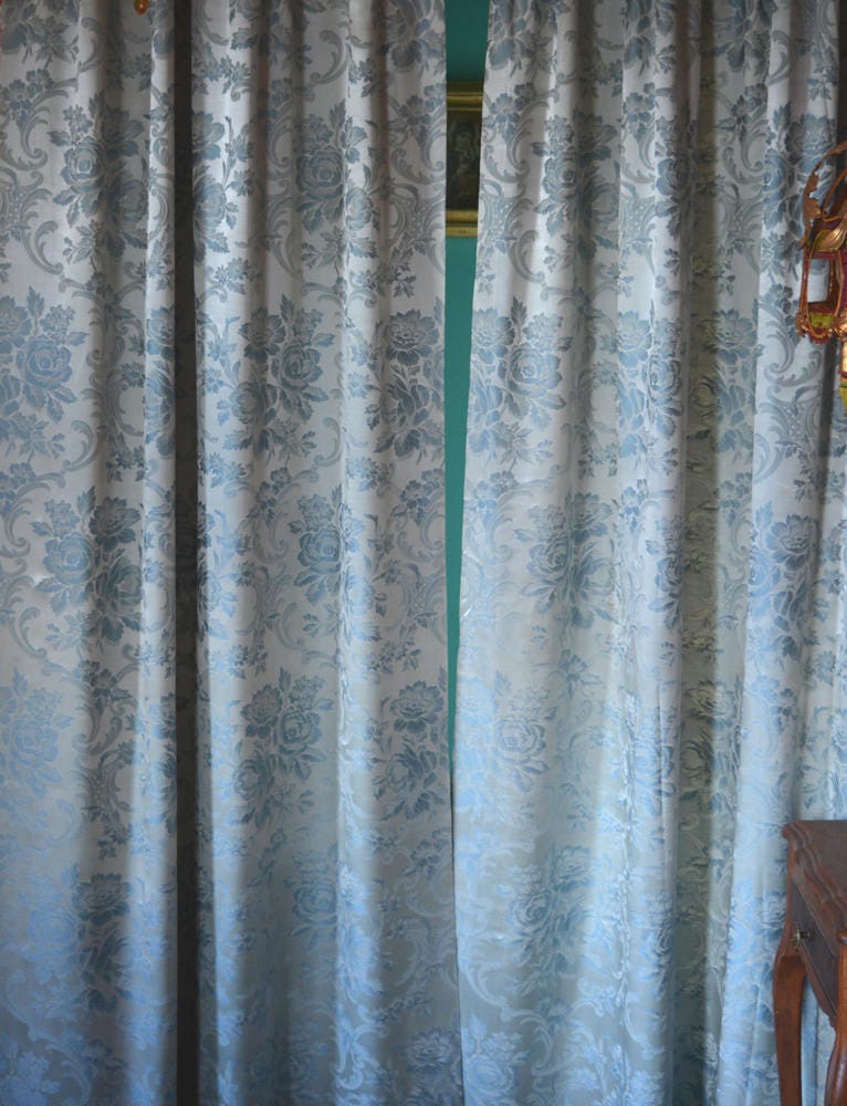 Satin Brocade Curtains Silvery Blue Three Panels 1940s