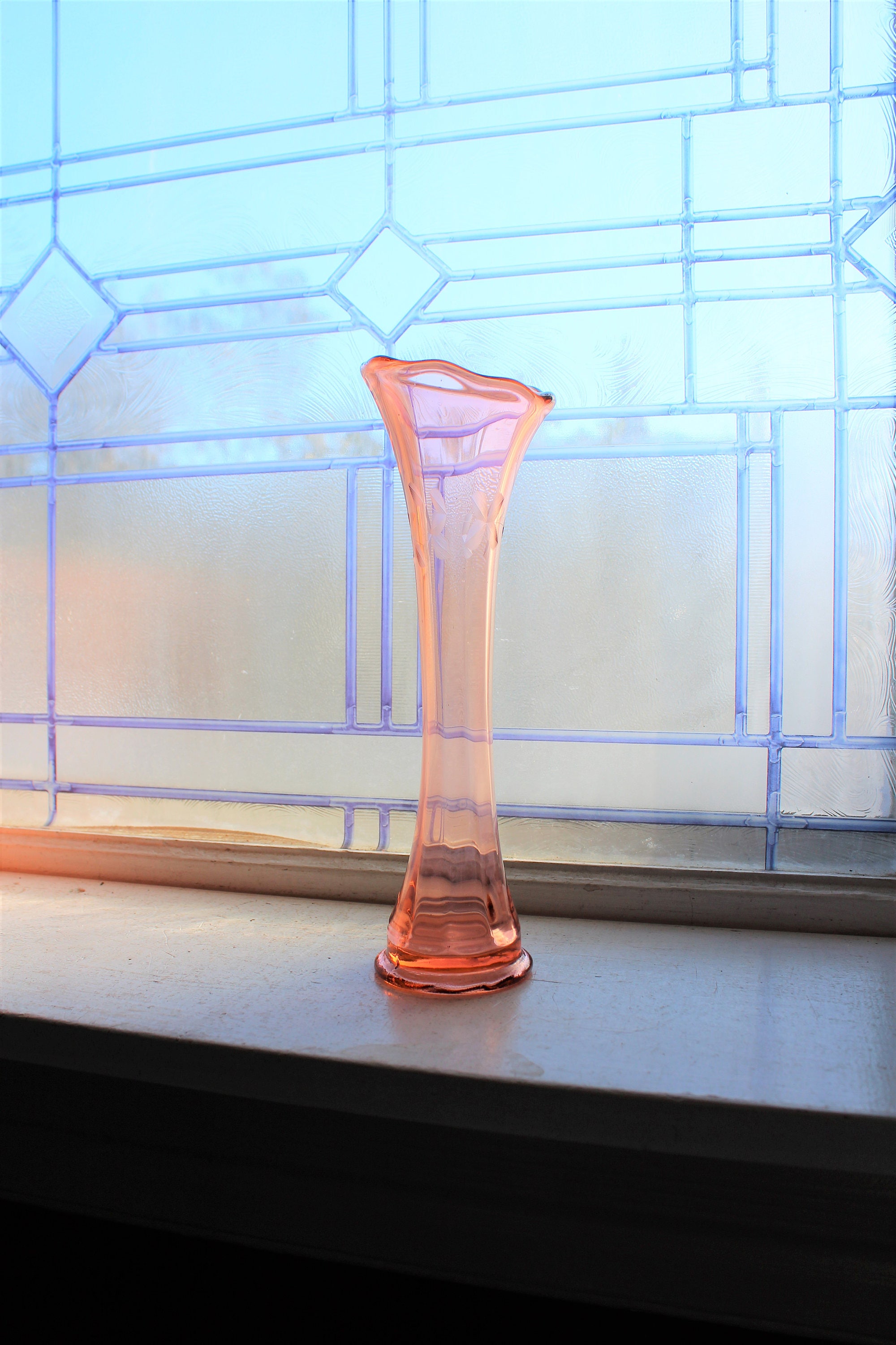 Pink Depression Glass Bud Vase with Etched Decoration Vintage 1930s