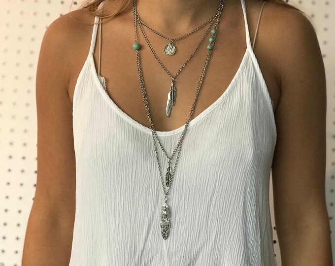 Layered necklace,Long Layering Necklace,Christmas gift,layer necklace,bohemian necklace,feather necklace,silver jewelry,silver necklace