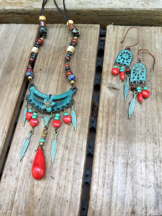 Gypsy Boho Jewelry Set Patina Necklace And Earrings Rustic   Il 570xN.1303648627 Nili 