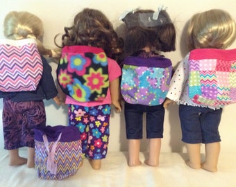 18 inch doll, including American Girl doll backpack in 5 designs: chevon, floral, patchwork and multi color prints, ready for back to school