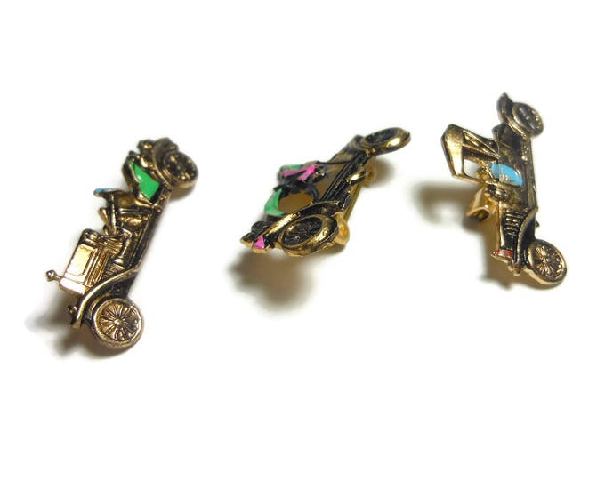 Car scatter brooches, antique cars, enamel on gold, tie tacks lapel pins, runabouts phaetons touring cars Pierce Arrow Motor Hansom Model T